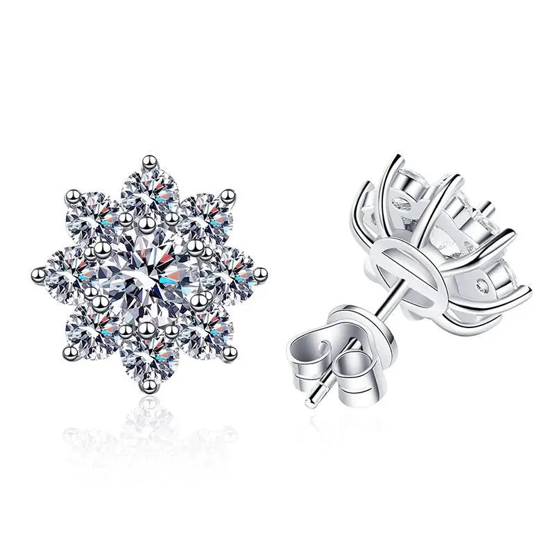 Moissanite sunflower stud earrings in 925 sterling silver, luxury designer-style women’s fine jewelry