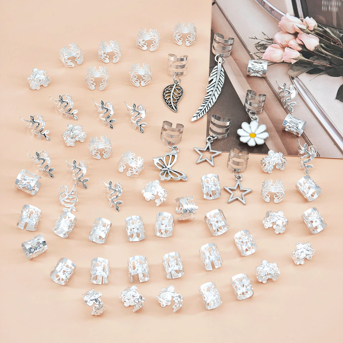 56pcs silver hair cuffs for braids and dreadlocks, HSF hair styling tools