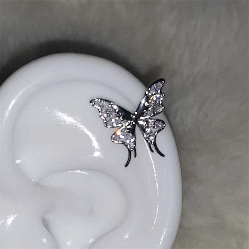 Silver-tone 316L stainless steel wing ear bone nail with rhinestones for women, HSF jewelry accessory