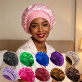Satin sleep bonnet for women with fashionable wide brim, shown for nighttime hair protection by HSF Marketplace