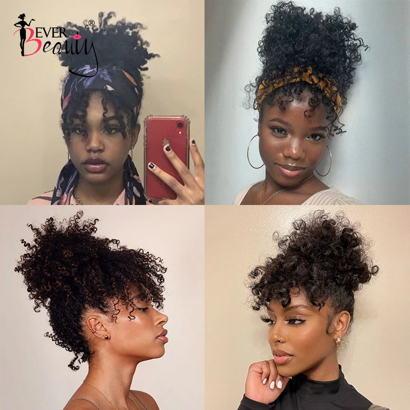 Ponytail Human Hair Mongolian Afro Kinky Curly Drawstring Ponytails With Bangs Clip In Extensions For Women Ever Beauty Remy