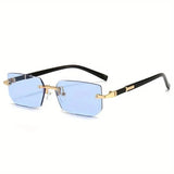 Rimless rectangle sunglasses for women and men with small square lenses, fashion summer shades by HSF Marketplace.