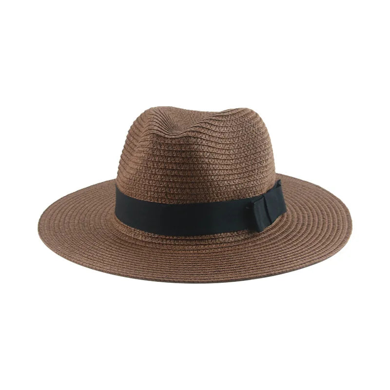 Black ribbon Panama straw hat for women, lightweight woven design for spring and summer sun protection