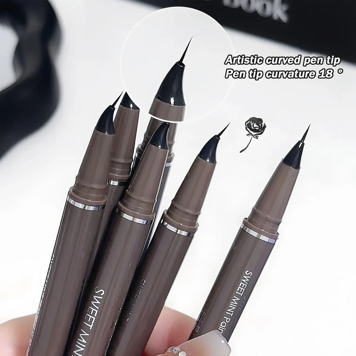 HSF curved quick-dry liquid eyeliner pen in black and brown with ultra-fine tip for lower lash makeup
