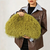 Women’s Kisslock faux fur clutch bag by HSF Marketplace, large capacity winter fuzzy purse with frame clasp for party and evening use.