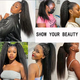 Human hair kinky straight drawstring ponytail extension, 12-24 inch yaki straight clip-in ponytail for Black women