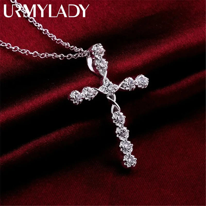 Sterling silver 45cm crystal necklace with wedding charms and cross pendant, elegant jewelry for women and ladies.