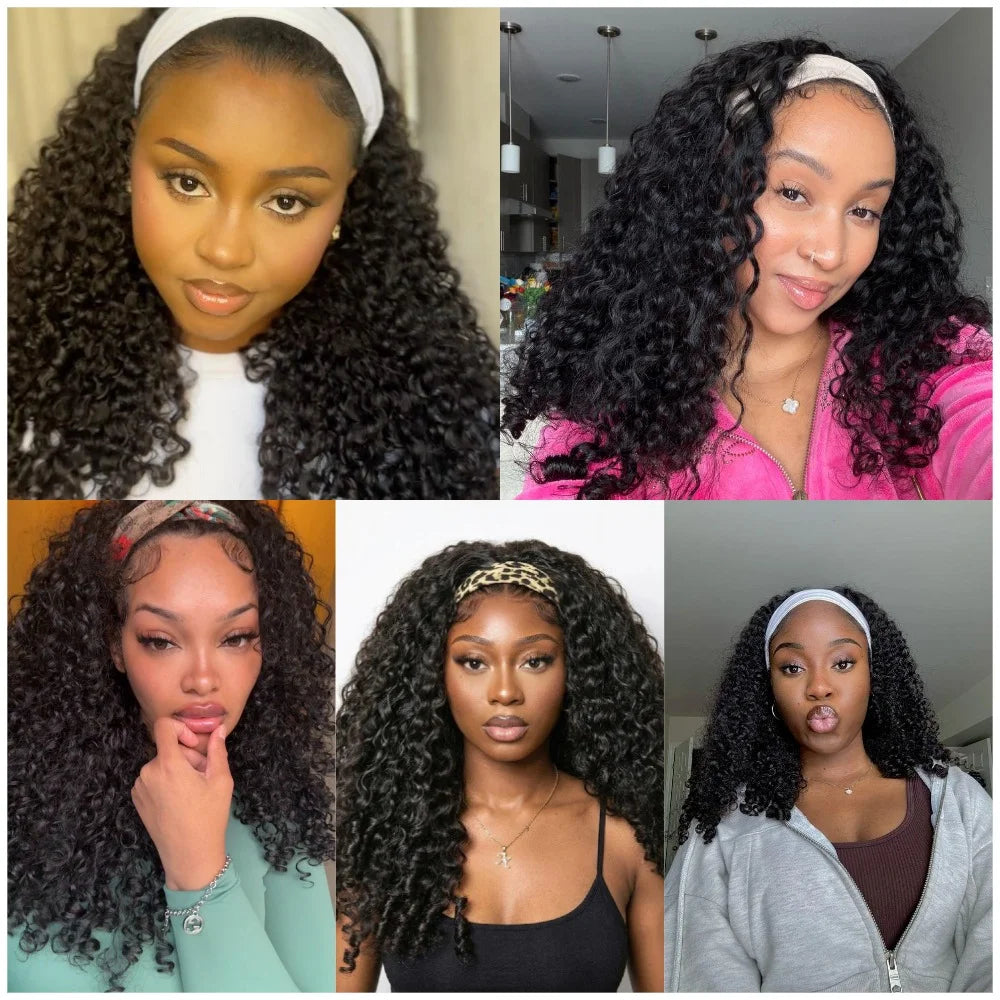 32-inch Burmese curly human hair headband wig, 250% density, machine-made, natural color, pre-plucked hairline