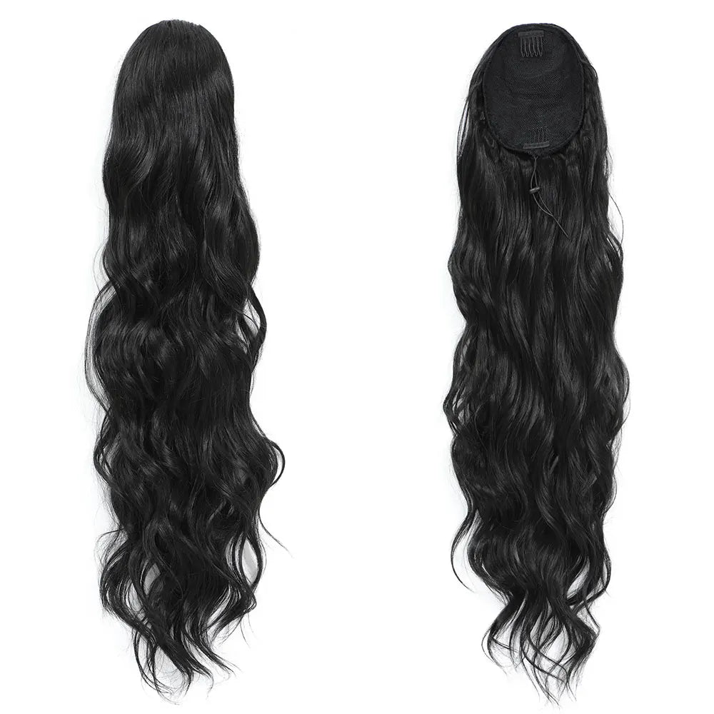 28-inch synthetic heat-resistant body wave drawstring ponytail with ombre brown and blonde highlights