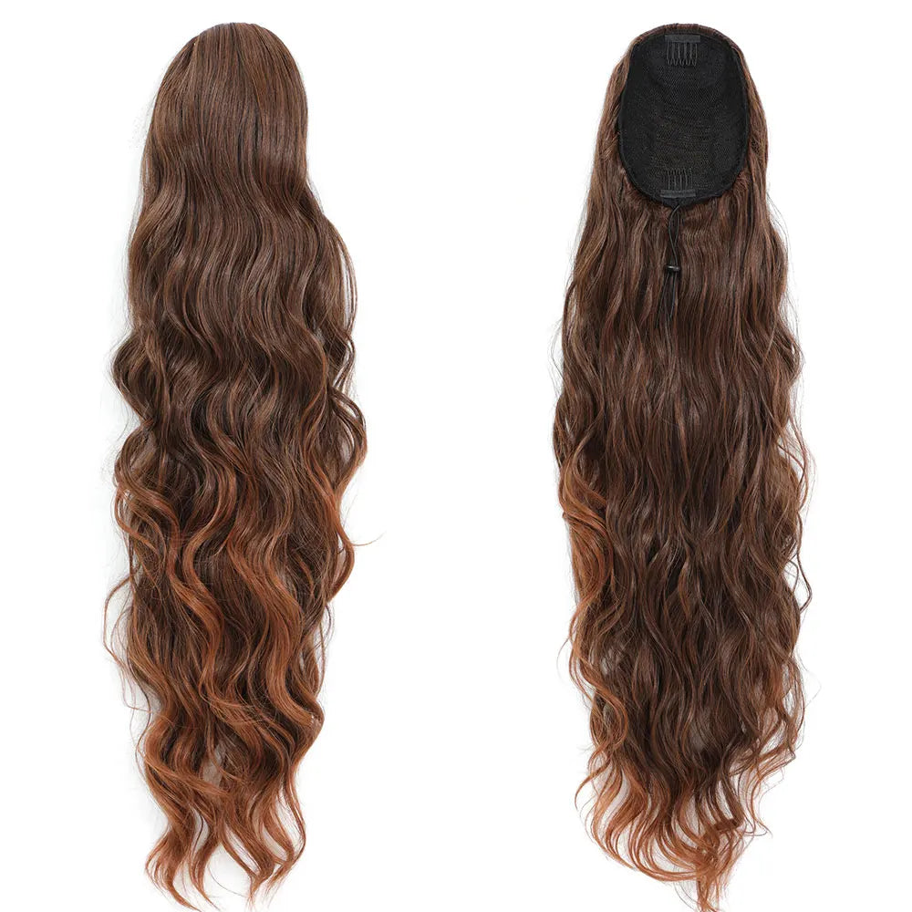 28-inch Ponytai 180g body wave drawstring ponytail, synthetic heat-resistant ombre brown with blonde highlights