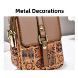 Bohemian printed PU leather crossbody bag with ethnic design, versatile handbag for ladies, single shoulder style, luxury ethnic accessory.
