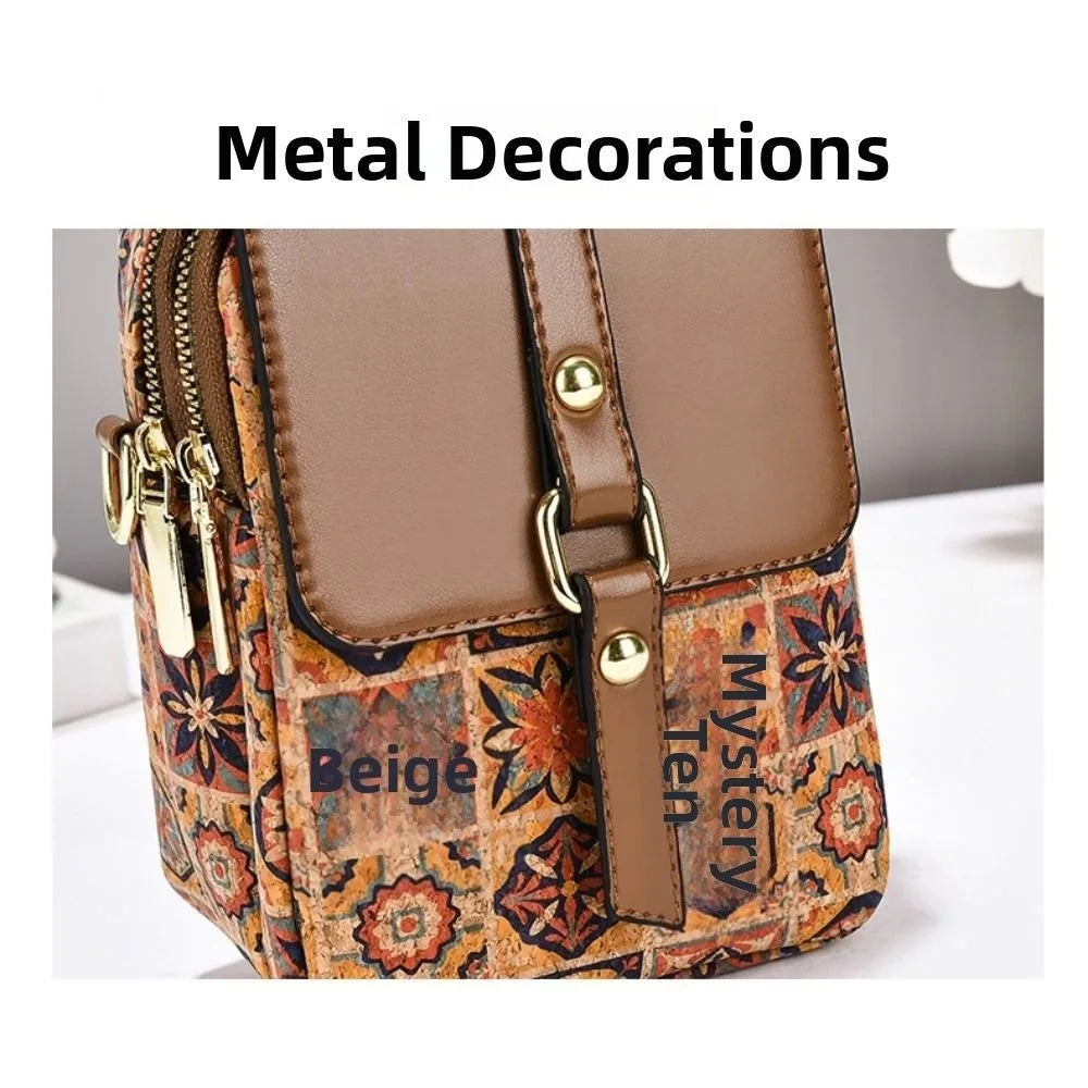 Bohemian printed PU leather crossbody bag with ethnic design, versatile handbag for ladies, single shoulder style, luxury ethnic accessory.