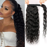 Water wave wrap-around ponytail human hair extensions in natural black Brazilian virgin hair by HSF Marketplace