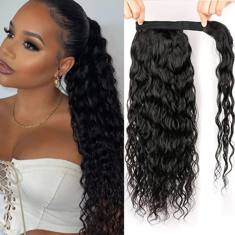 Water wave wrap-around ponytail human hair extensions in natural black Brazilian virgin hair by HSF Marketplace