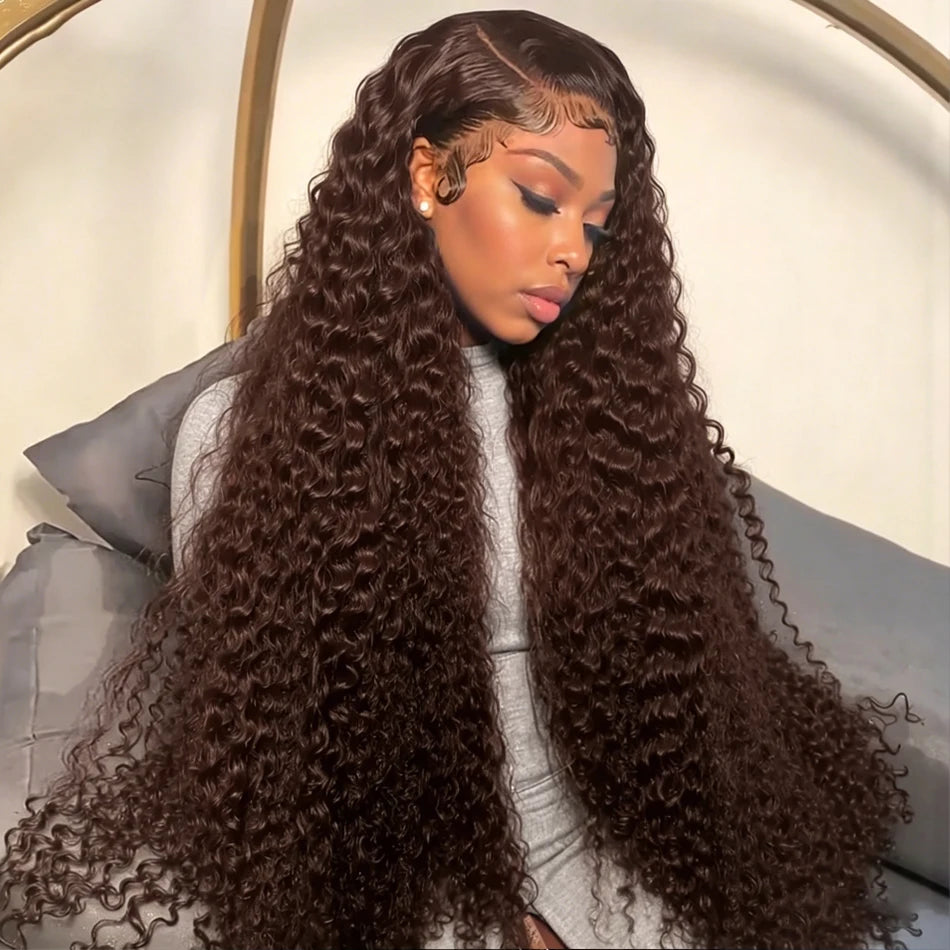 Chocolate Brown 250% Density Curly Lace Front Wig 13x6 HD Transparent Lace Front Human Hair Wig for Women with Baby Hair