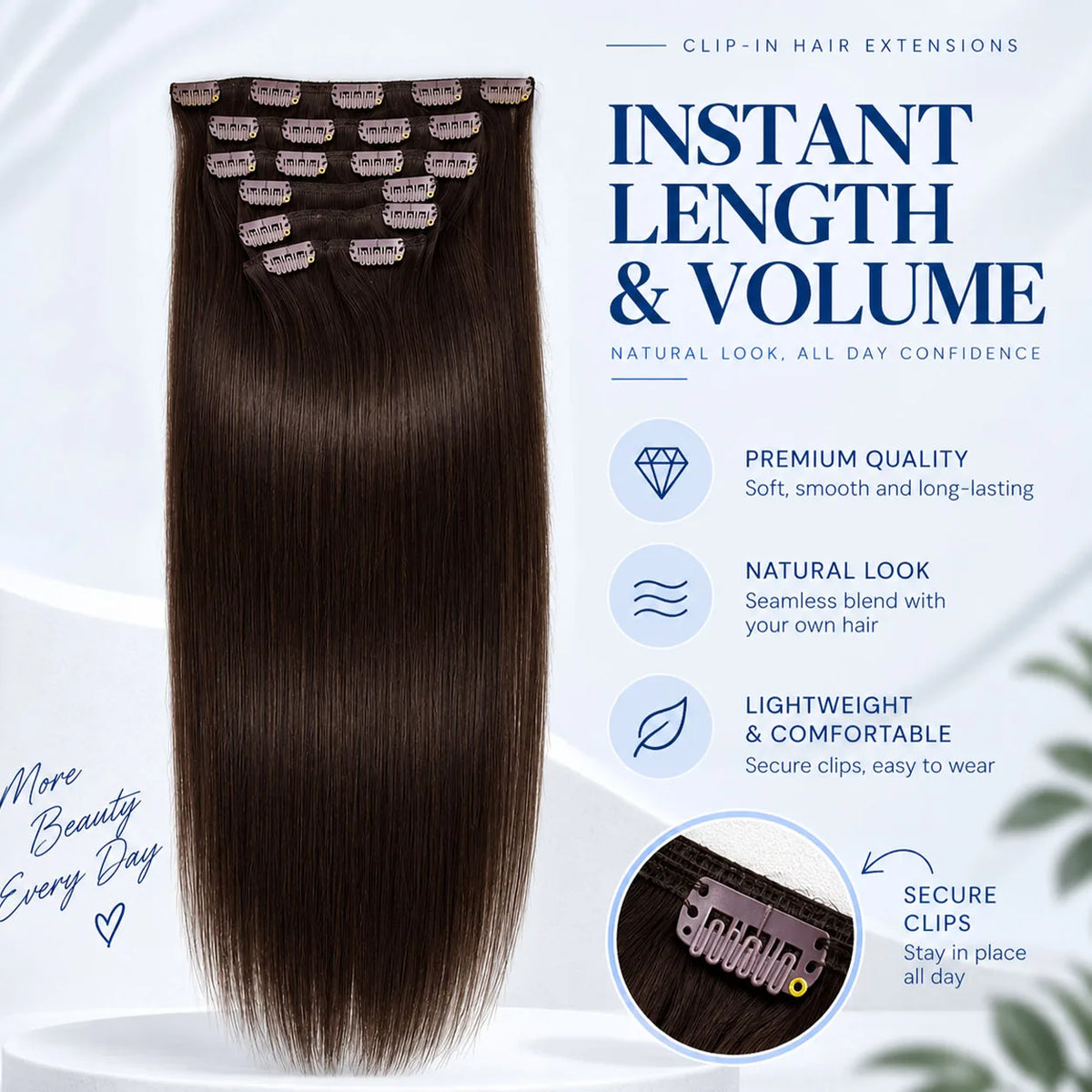 Dark chocolate brown Brazilian Remy human hair clip-in extensions, straight 18–26 inch, 7-piece set for fuller ends