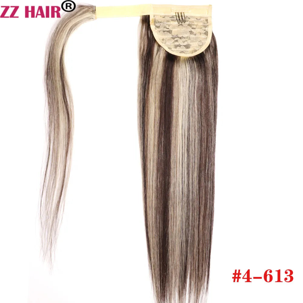ZZHAIR Remy human hair wrap-around clip-in ponytail, straight 16–28 inch machine-made extension