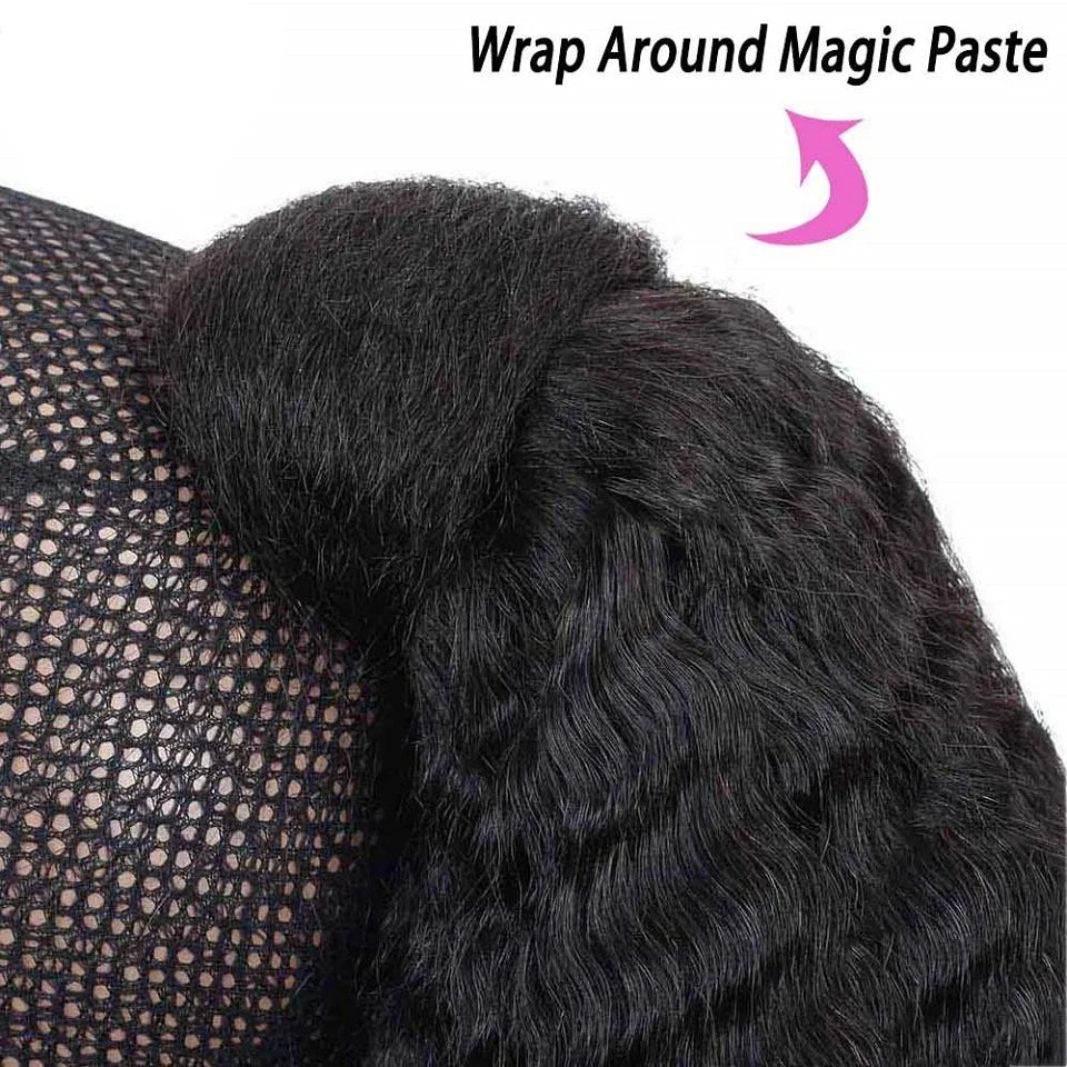 Kinky straight human hair wrap-around ponytail with clips in Yaki texture for women