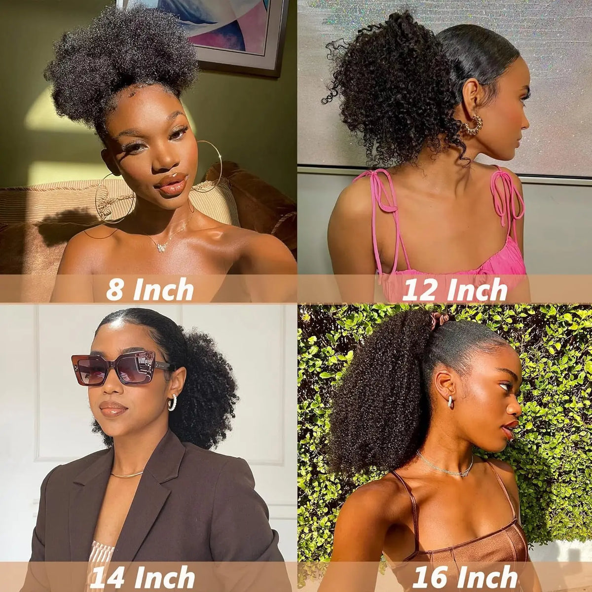 4B/4C human hair drawstring ponytail with afro kinky curly Remy extensions, clip-in style, 10–24 inch length
