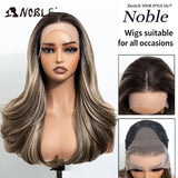 NOBLE 13x4 Synthetic Lace Front Wig 30 Inch Dark Brown Layered Fluffy Wavy Wig Pre Plucked Hairline Heat Resistant Wig For Wome