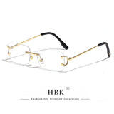 HBK Retro rimless sunglasses for women and men with small square gold frame, rectangular UV400 sunglasses, HSF Marketplace.