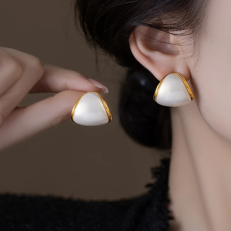 Minimalist triangle imitation pearl earrings with gold-plated border, white ear studs for women