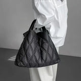 Hanging quilted designer puffy shoulder handbag for women, padded cotton winter purse with large capacity and warm winter style.