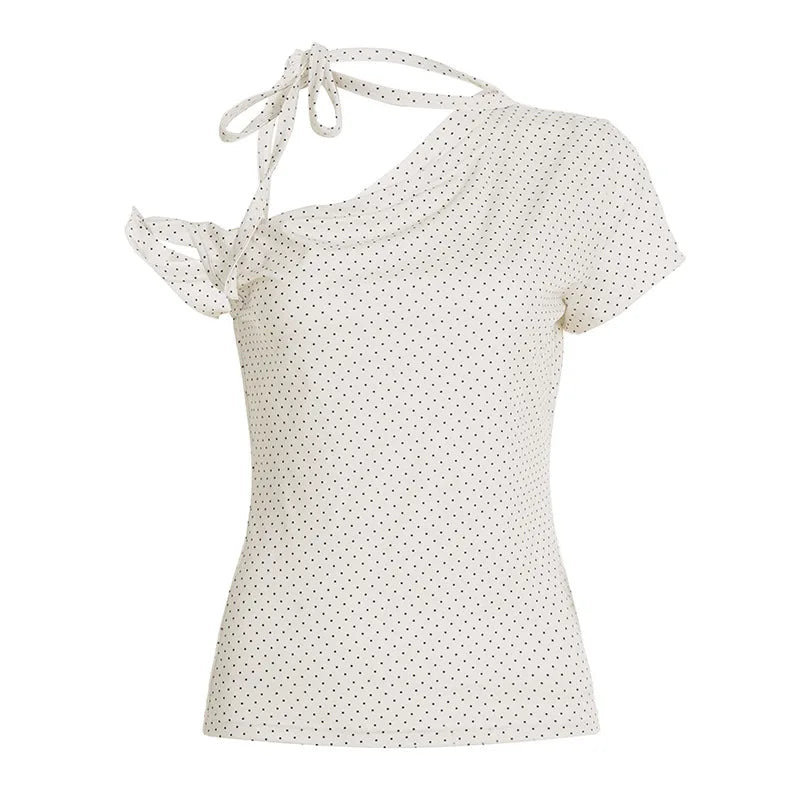 Women's polka dot one-shoulder T-shirt, stylish summer top by HSF Marketplace