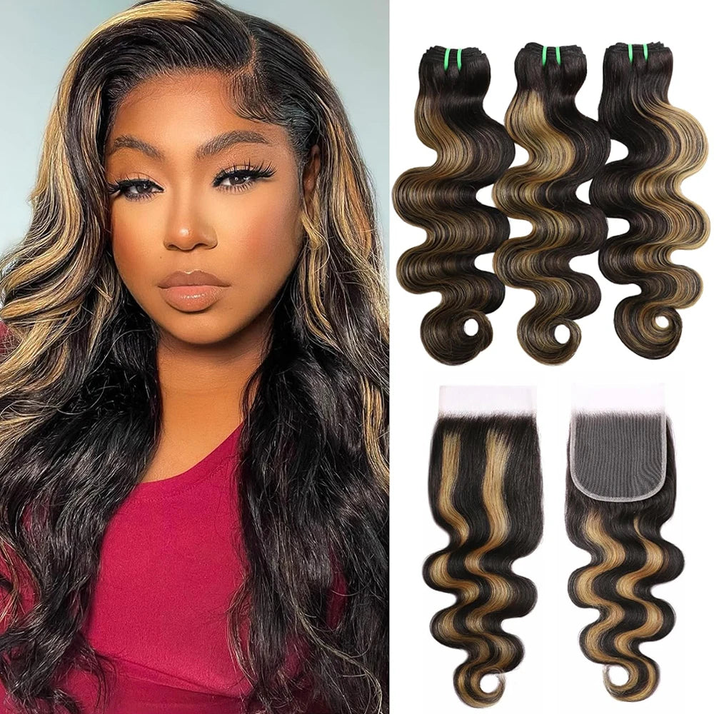 Highlight Human Hair Bundles with Closure Body Wave Ultra Thick F1B/27 Honey Blonde Ombre Raw Hair Bundles with 4x4 Lace Closure