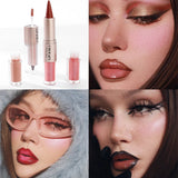 Black and brown tapered lip liner and contour pencil with double-headed mirror, plumping lip glaze, crystal gloss, and sexy red lip tint.