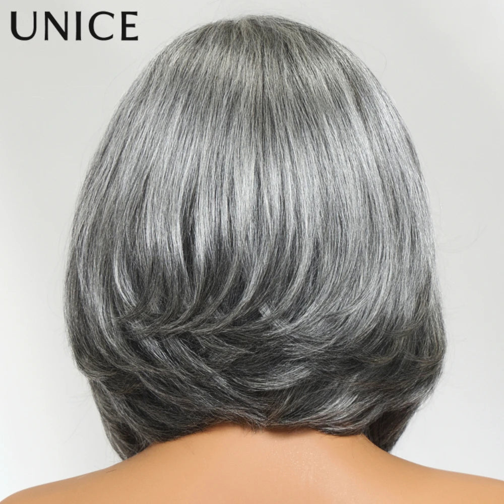 Salt and pepper wavy bob human hair wig by HSF Marketplace, featuring soft waves and a natural-looking blend