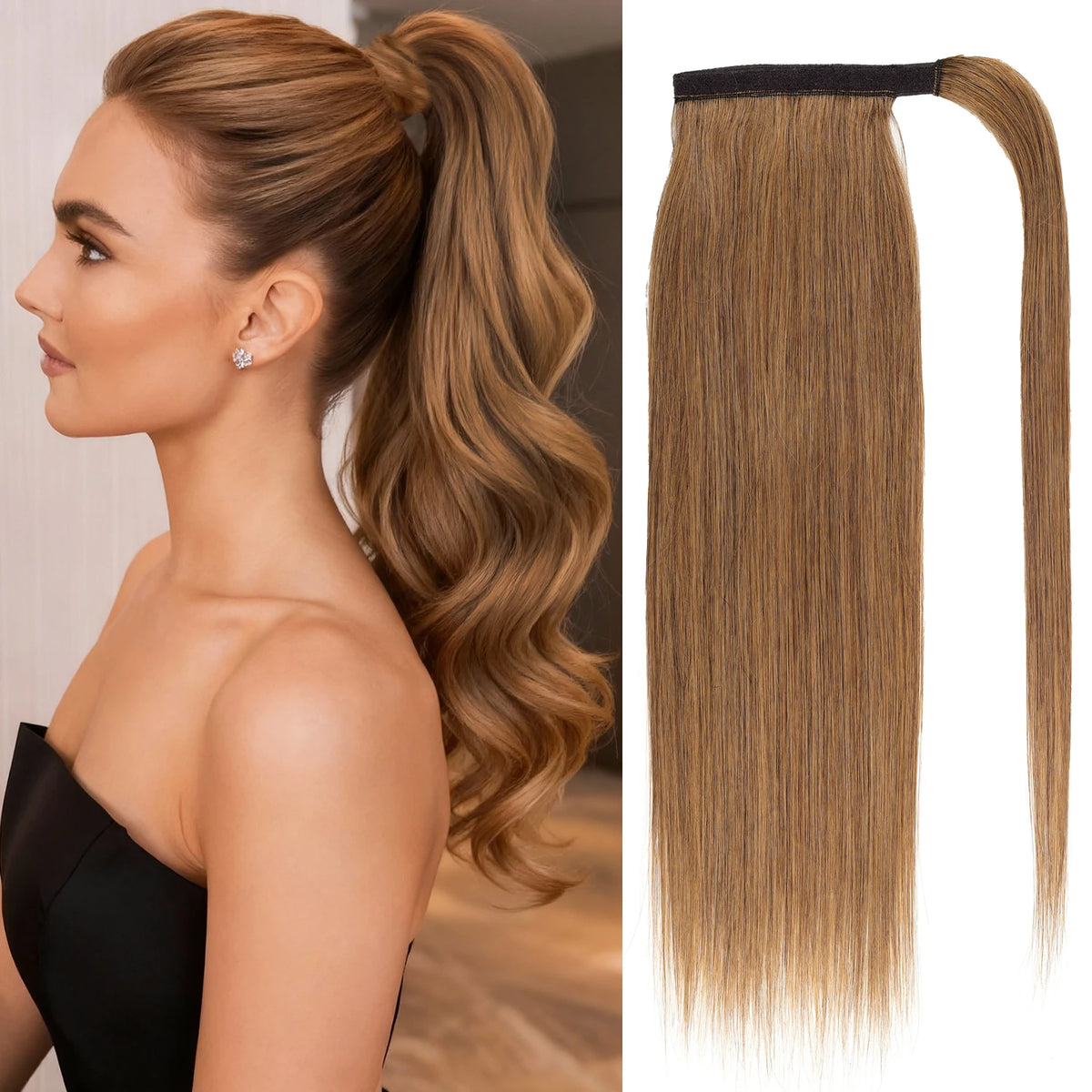 Straight human hair wrap-around ponytail extension with clip for women by HSF Marketplace