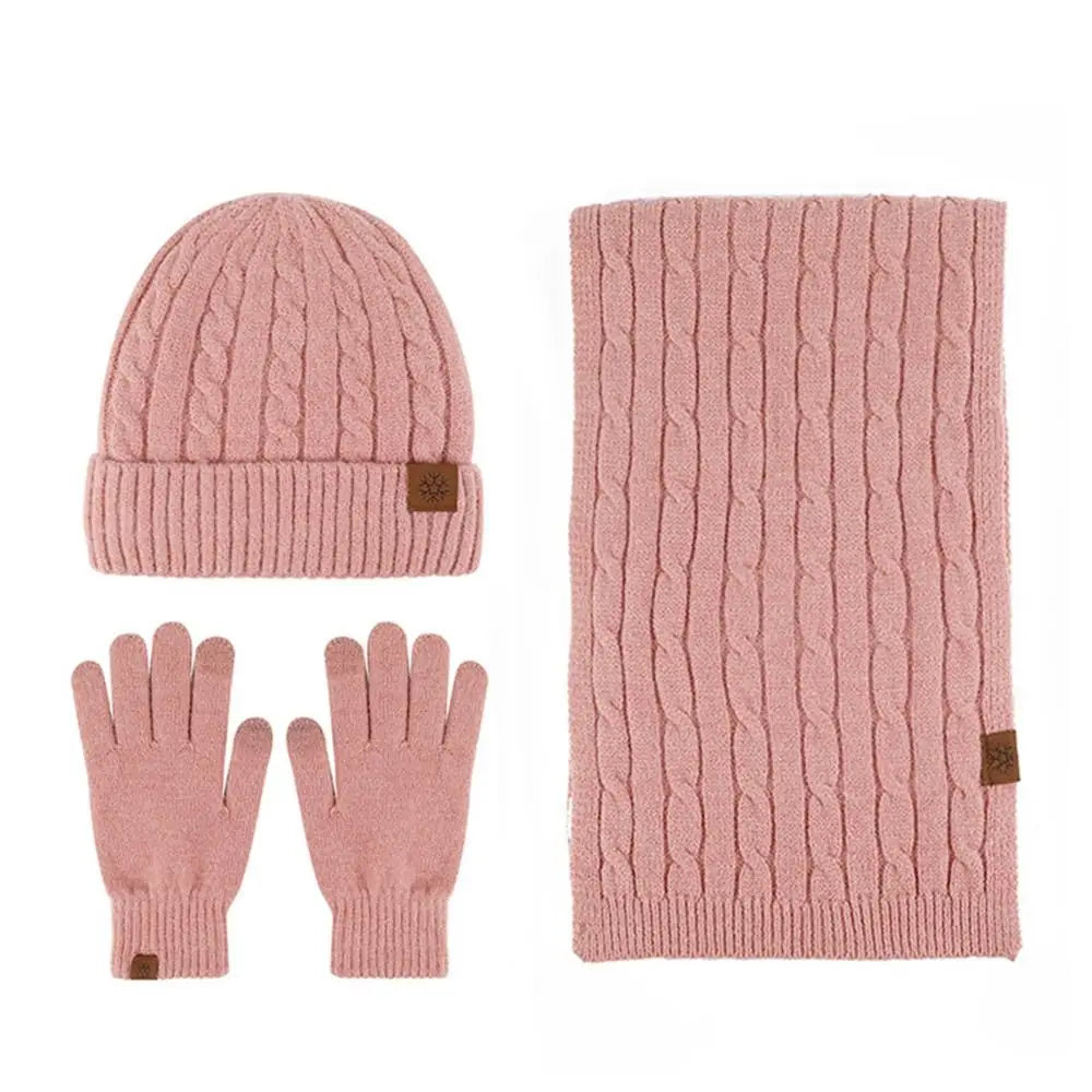 Warm 3-in-1 winter beanie hat, scarf and gloves set for cozy cold-weather comfort