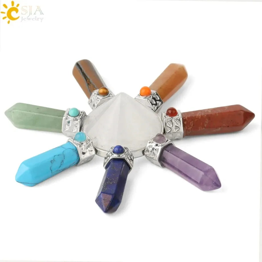 CSJA 7 Chakra Pyramid Decoration Healing Point Hexagonal Crystal Pillar Natural Stone Reiki Energy Meditation Jewelry Women G302