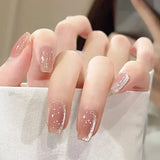 24-piece blush pink glitter diamond cat eye coffin press-on false nails, full-cover short square nail tips