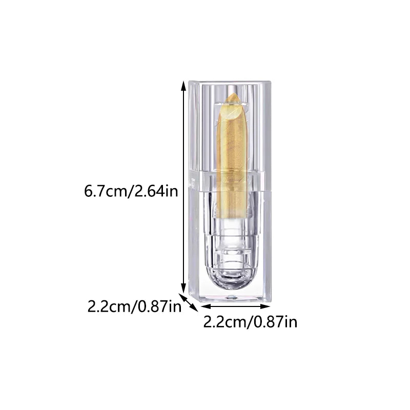 Gold metallic glitter lipstick in a transparent square tube, sparkling shiny lips for Halloween, cosplay, and stage makeup by HSF Marketplace.