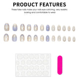 24-piece Y2K star press-on false nails with gradient blue French tips and gold moon designs, almond shape
