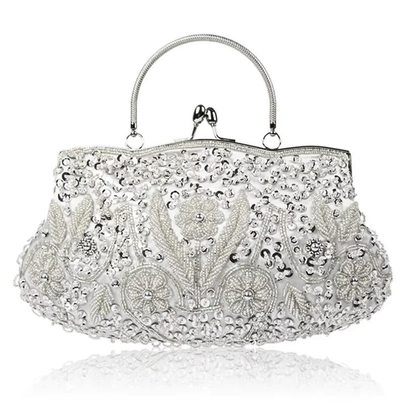 Women's beaded embroidered small clutch handbag with shoulder chain, perfect for evening parties and weddings.