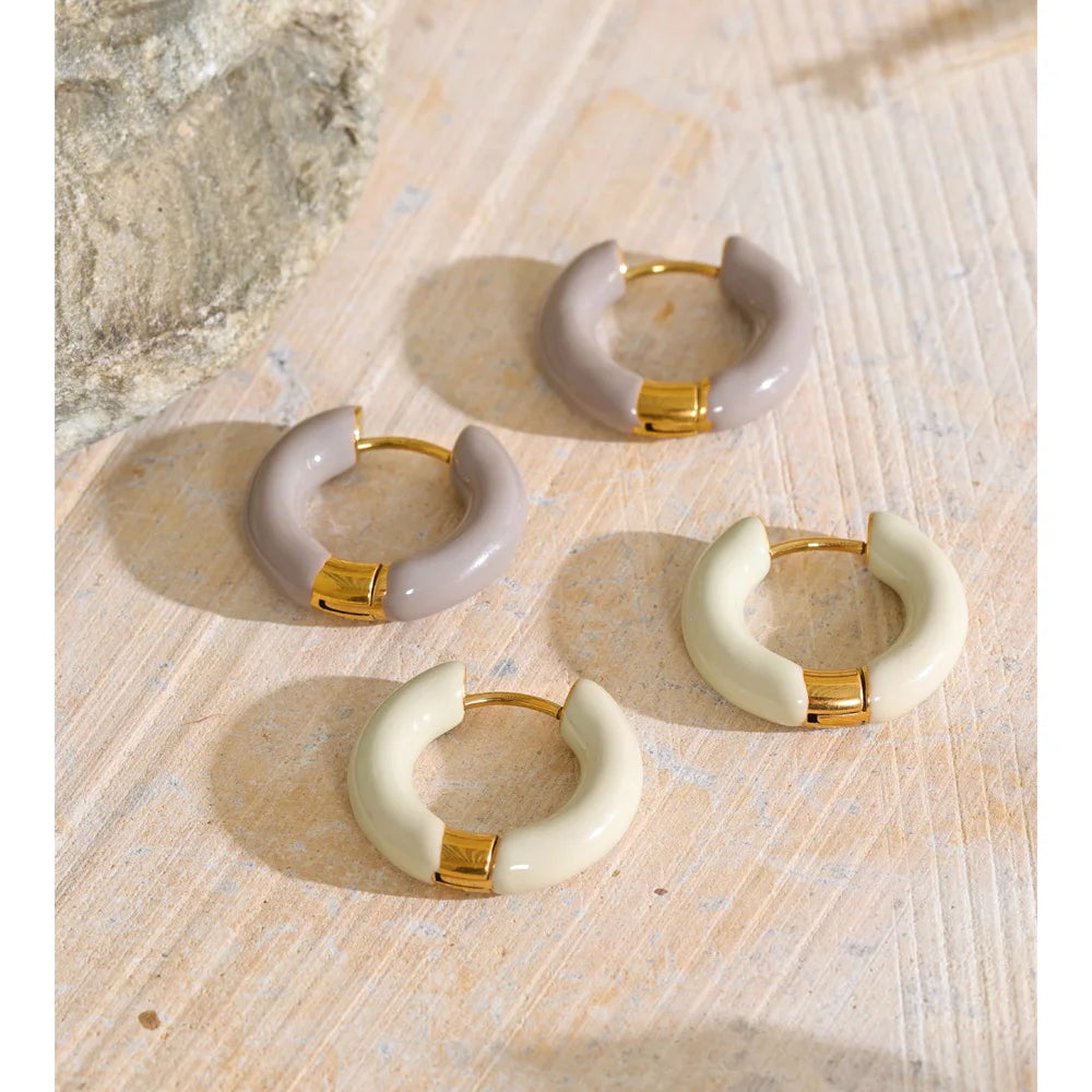 Minimalist HSF Marketplace stainless steel enamel hoop earrings in lavender and beige