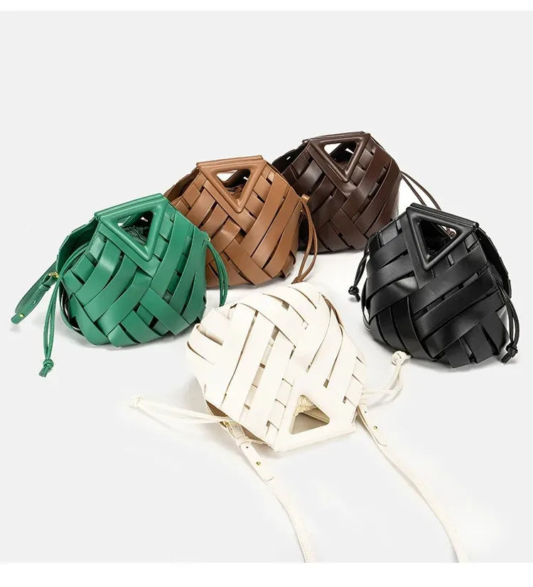 Trendy vegan leather woven tote bag for women with top handle, crossbody strap, stylish handbag by HSF Marketplace.
