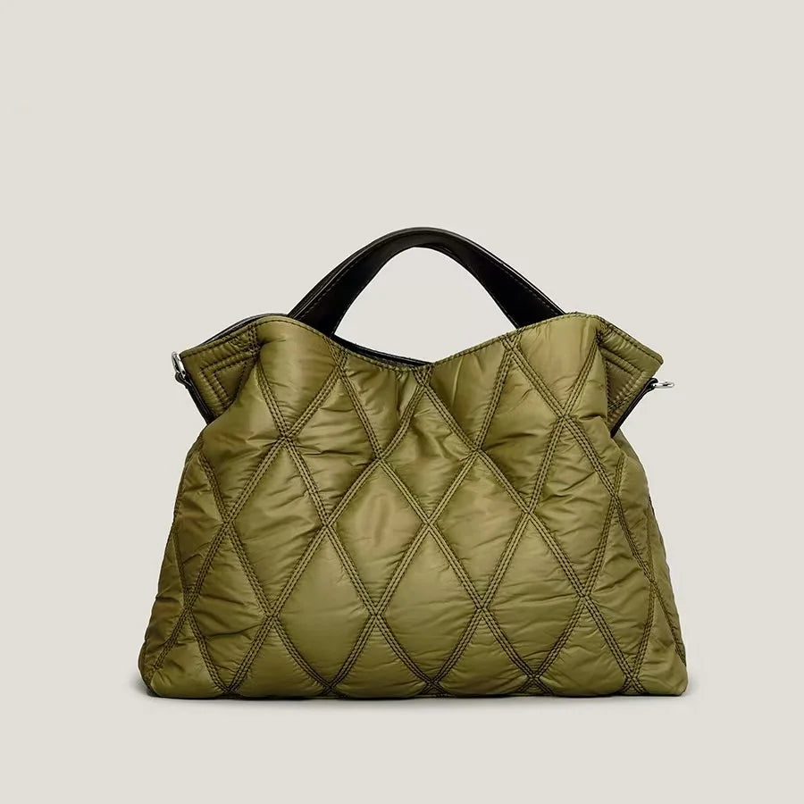 Designer puffy quilted shoulder bag for women by HSF Marketplace, large capacity winter handbag with down feather padding and warm cotton interior.