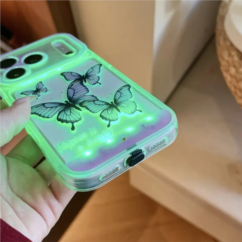 Purple butterfly phone case for iPhone models with luminous wing design and decorative accents