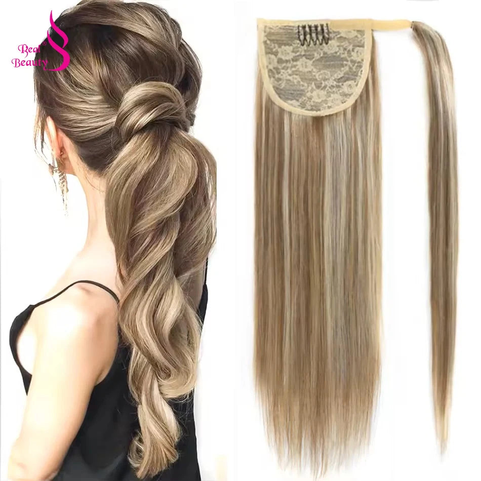 Straight Brazilian Remy human hair wrap-around ponytail extension in natural black