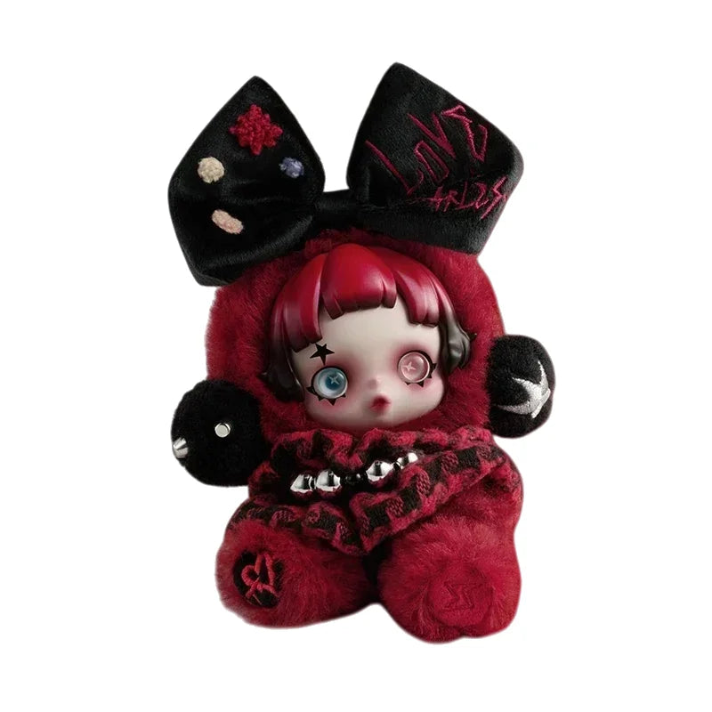 POPMART Skullpanda x My Melody Kuromi Amid Flowers plush doll pendant blind box keychain in Wednesday design