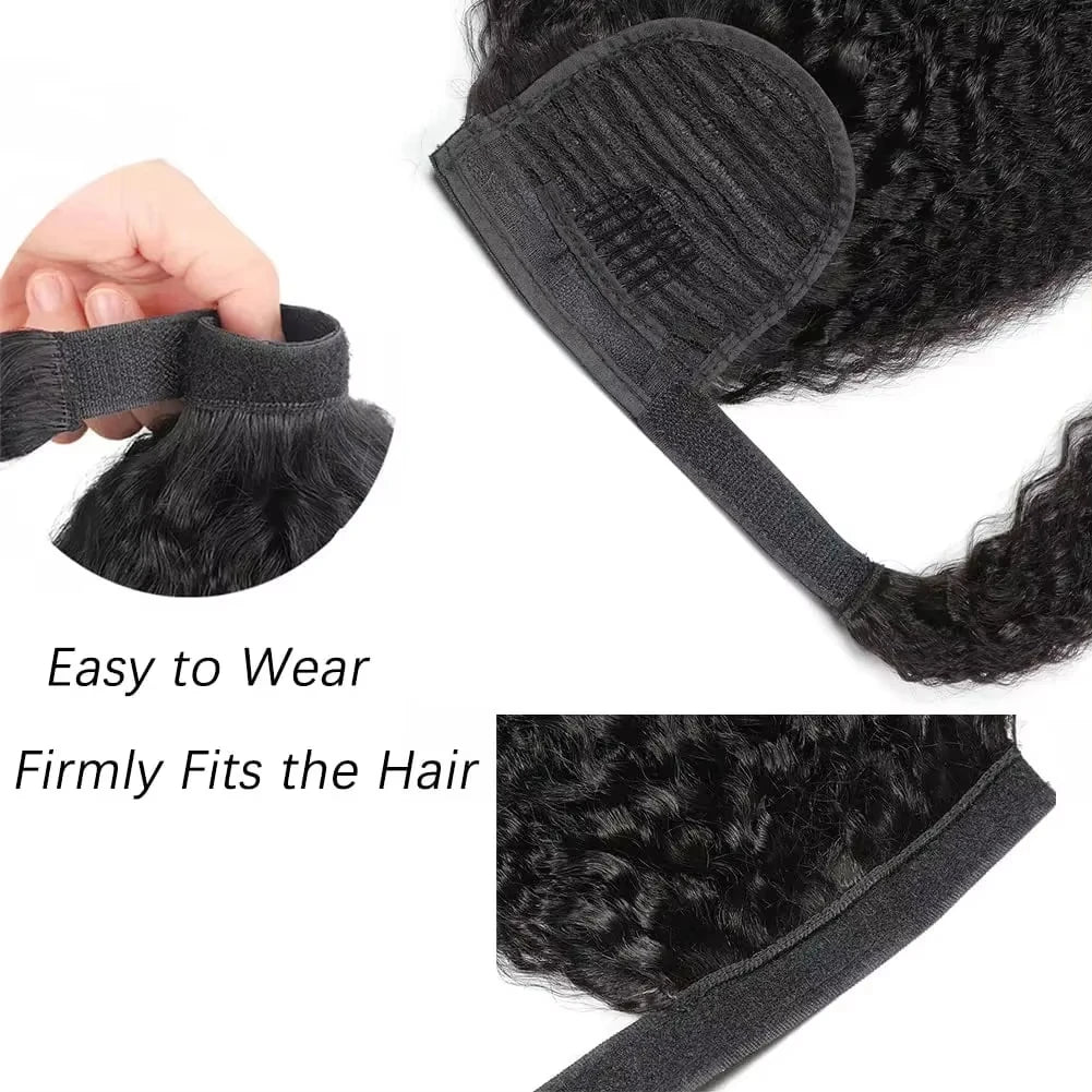 Kinky straight natural color Remy Brazilian human hair wrap-around clip-in ponytail extension for women