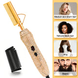 400℉ Hot Comb for Wigs & Human Hair, 2 in 1 Hair Straightener & Curler Bling Hot Hair Comb for Travel, Daily Use, Salon Grade
