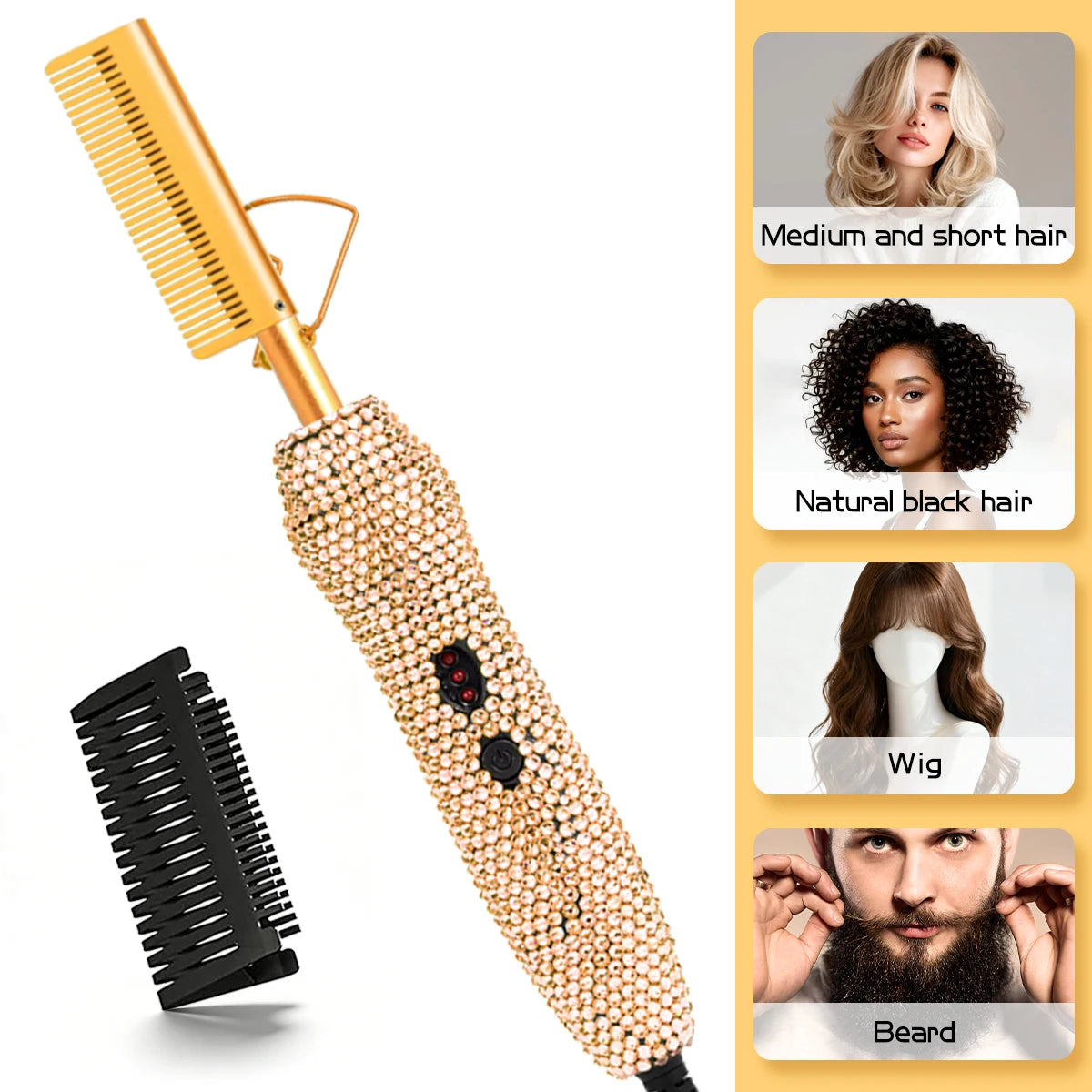 400℉ Hot Comb for Wigs & Human Hair, 2 in 1 Hair Straightener & Curler Bling Hot Hair Comb for Travel, Daily Use, Salon Grade