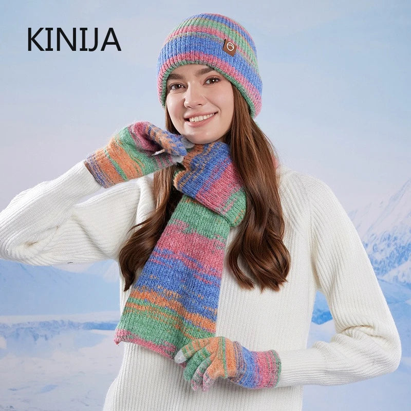 Women's gradient color knitted hat, scarf, and gloves winter set by HSF Marketplace