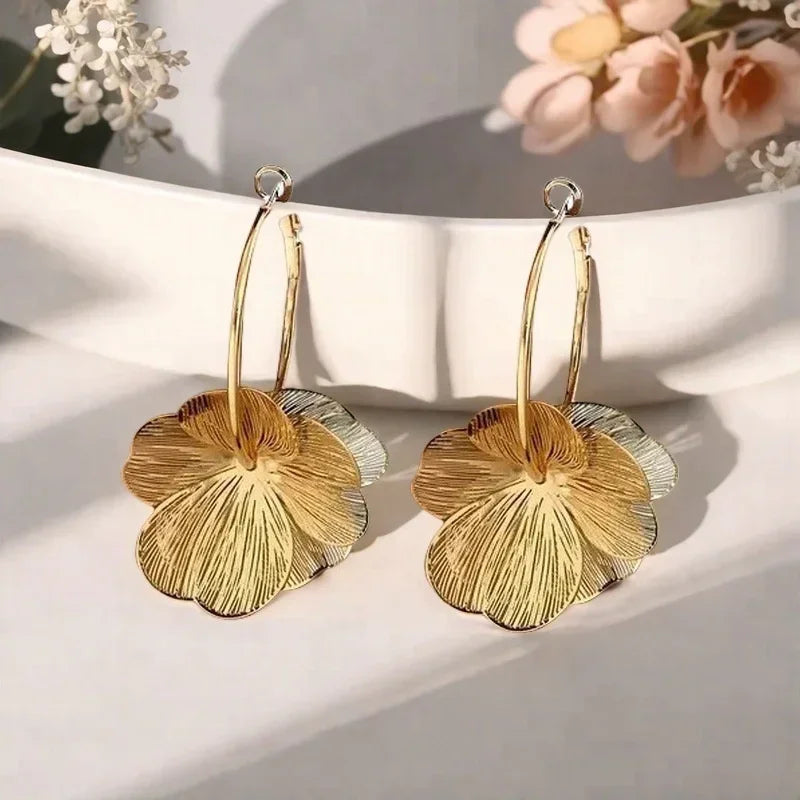 Stainless steel golden double-layer hollow flower hoop earrings by HSF Marketplace for women, vintage floral jewelry