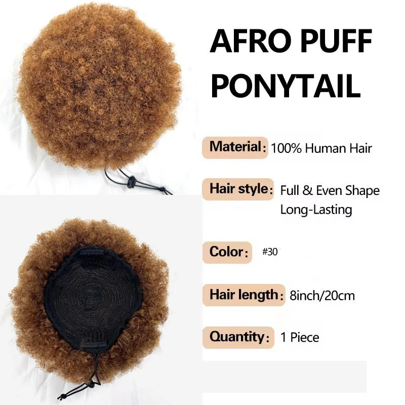 Afro puff drawstring ponytail with bangs, short curly wrap-updo hairpiece in color #30